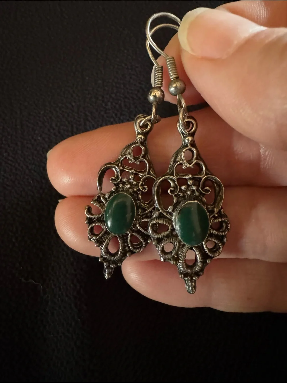 Ornate Silver Green Cabochon Filigree Dangle Earrings 2”